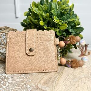 Card Holder Wristlet with Handmade Beaded Keychain in Tan